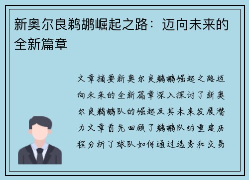 新奥尔良鹈鹕崛起之路：迈向未来的全新篇章