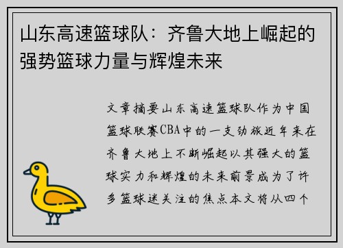 山东高速篮球队：齐鲁大地上崛起的强势篮球力量与辉煌未来