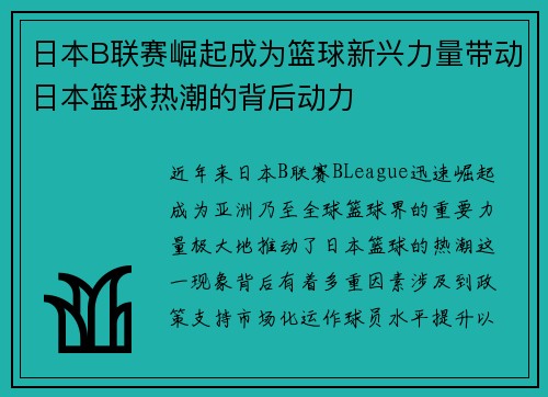 日本B联赛崛起成为篮球新兴力量带动日本篮球热潮的背后动力