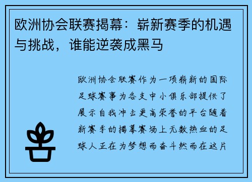 欧洲协会联赛揭幕:崭新赛季的机遇与挑战,谁能逆袭成黑马 欧洲协会联赛揭幕:崭新赛季的机遇与挑战,谁能逆袭成黑马